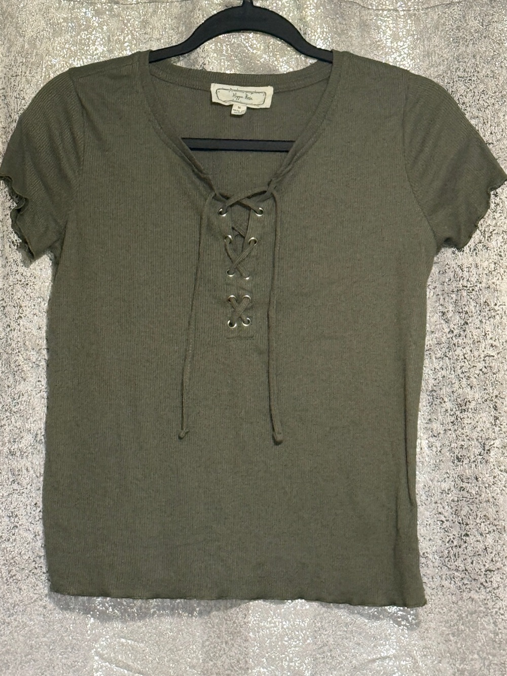 Hippie Rose Olive Green Ribbed Lace-Up Short Sleeve Top